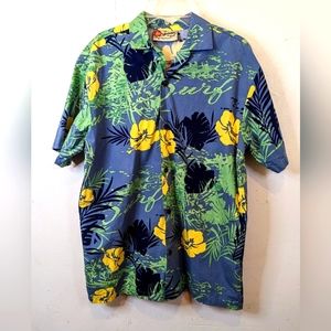 Hilo Hattie The Hawaiian Original Yellow Hibiscus Blue Surf Button Down XL